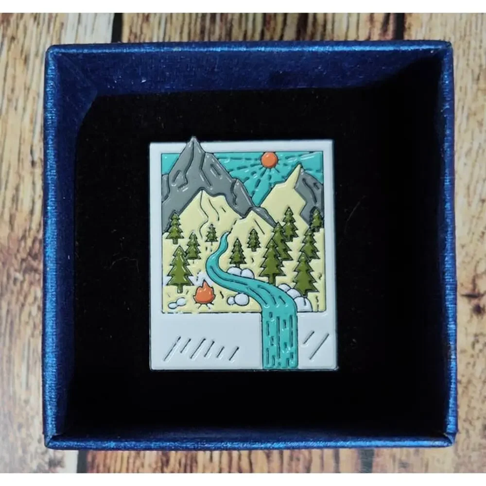 Travel Pin Mountains, River & Trees - Hat, Lapel, Lanyard, Jacket or Backpack